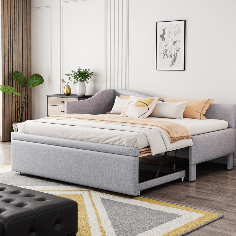 Twin Size Upholstered L-Shaped Daybed with Pop-Up Trundle, 80"L x 42"W x 33"H, Plywood Frame, Gray