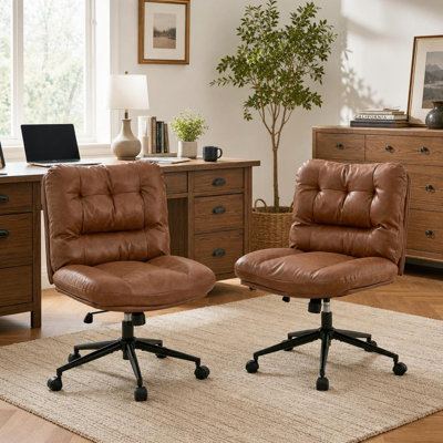 2 pièces Chaise de bureau sans accoudoirs avec roulettes, fauteuil de coiffeuse en similicuir, large siège à double coussin, fauteuil de travail ergonomique pivotant à hauteur réglable pour la chambre à coucher et le bureau à domicile