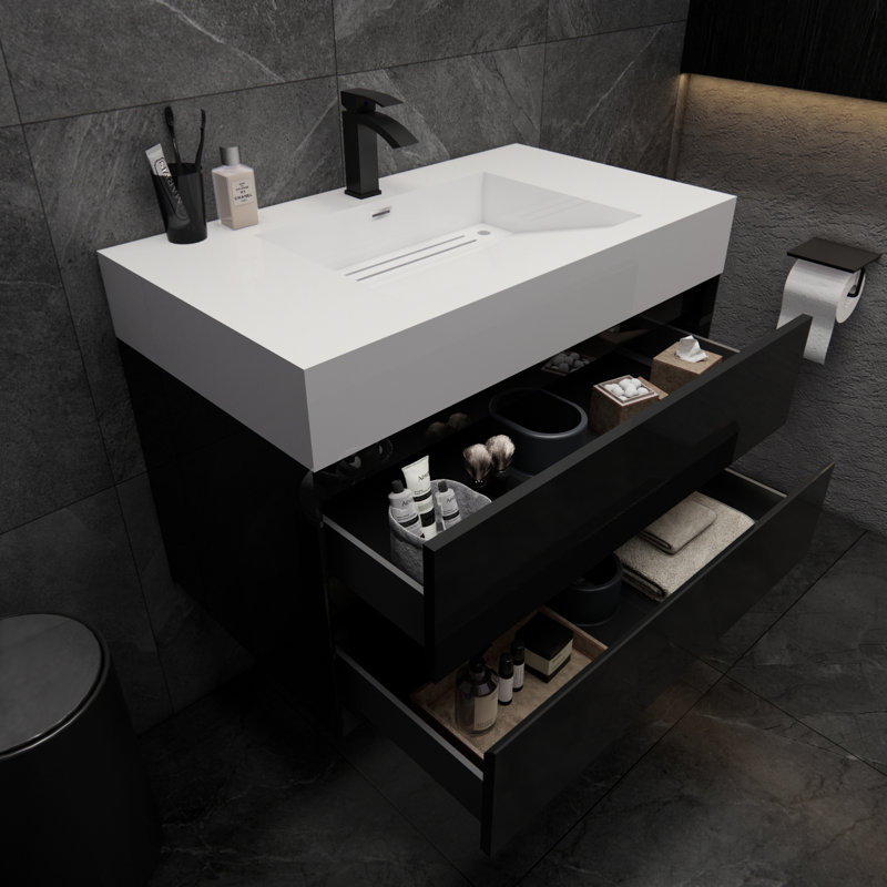 Albizu 35.5" Wall-Mounted Single Bathroom Vanity, Black