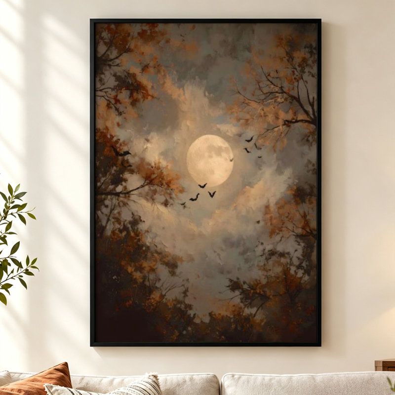 Lune parmi les arbres brumeux - Tableau sur toile encadré marron, 61 cm H x 41 cm L, 16" x 24", Brown
