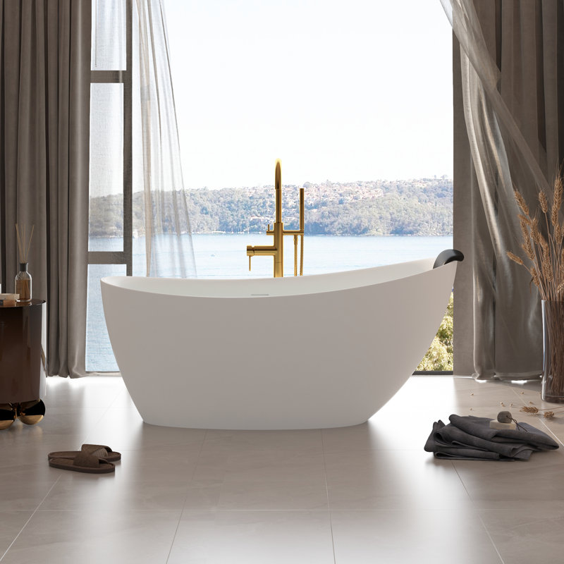 Crestone 67" x 33.5" Freestanding Soaking Solid Surface Resin Stone Bathtub with Black Bath Pollow