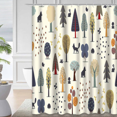 Seamless Forest Trees Wild Animals Flat Shower Curtain with 12 Hooks