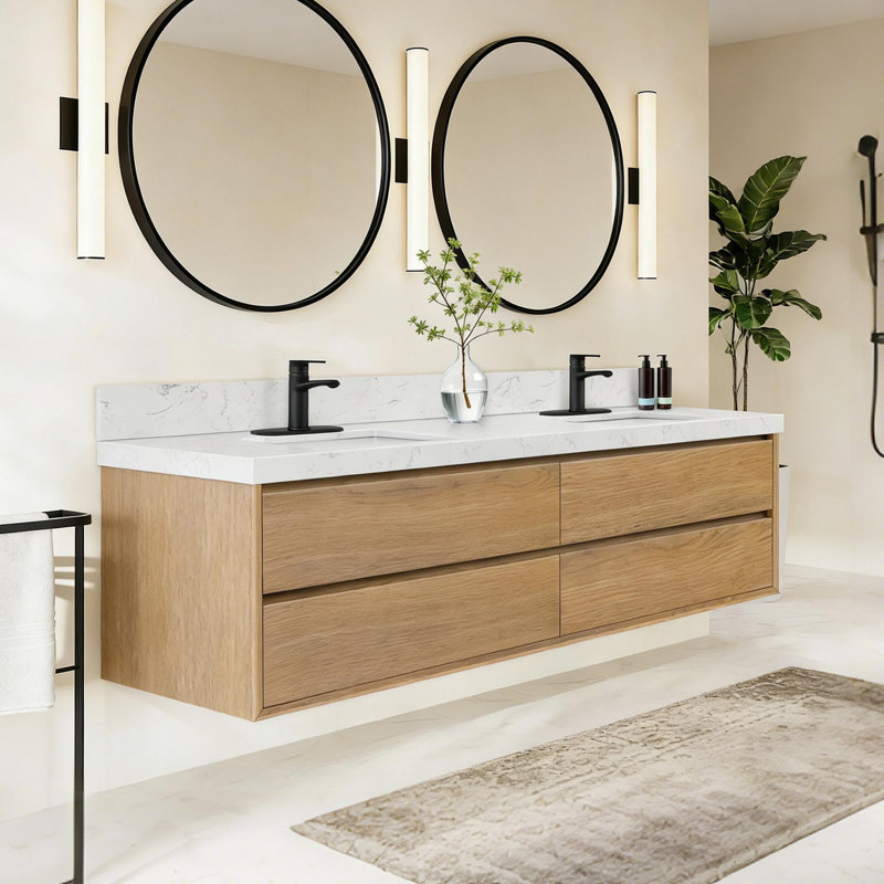 Meuble-lavabo mural moderne, Chêne clair, 84"