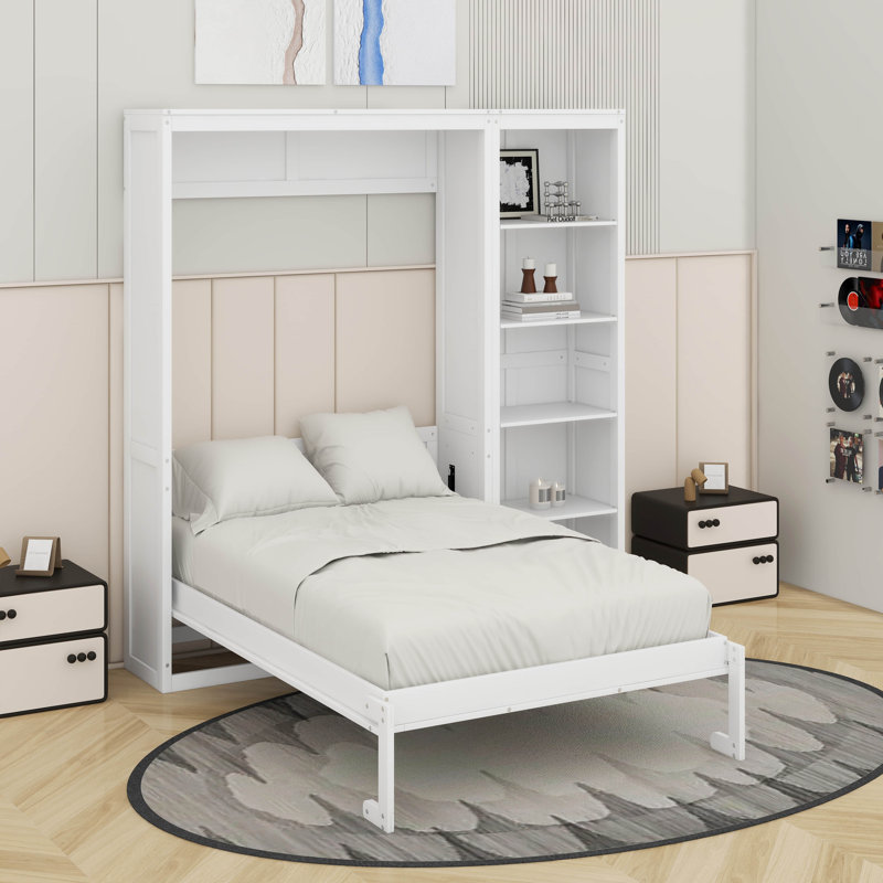 Lit escamotable double avec tablettes, Blanc, Lit double