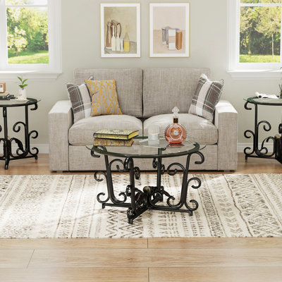 3-Piece Coffee Table Set, Tempered Glass Surface with Sturdy Metal Frame - Modern Living Room Sets (1 Coffee Table + 2 End Tables), Scratch-Resistant