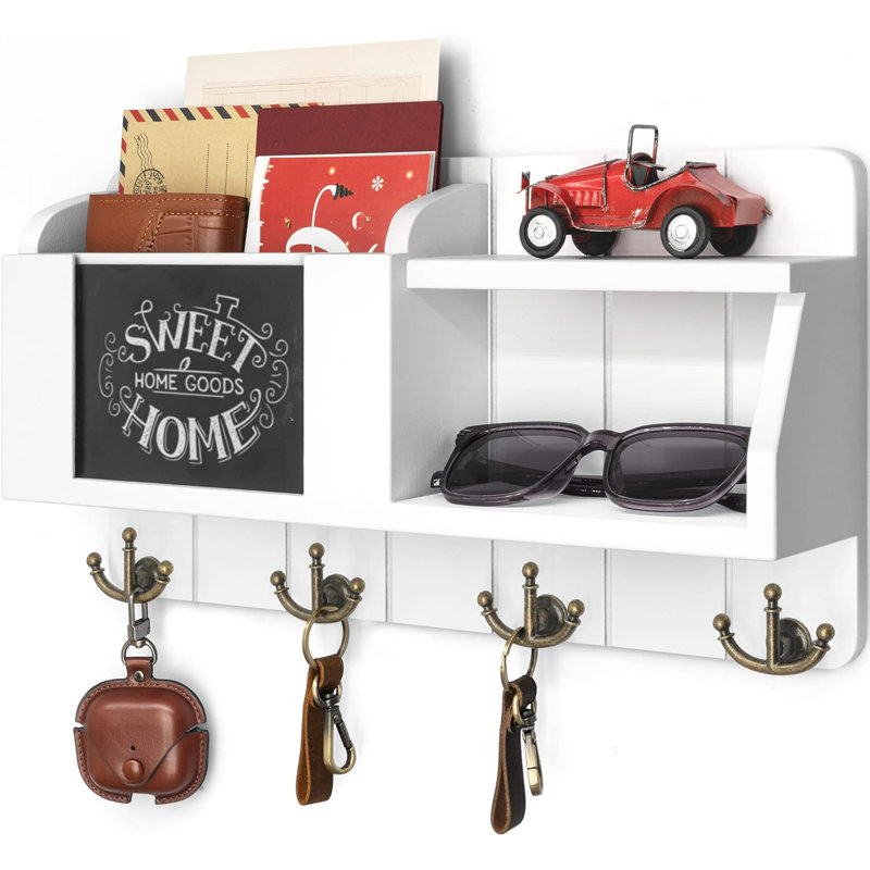 White Painted Wood Wall Organizer with Brass Key Hooks
