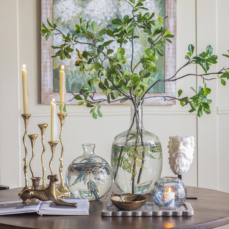 Vase en verre transparent avec motif botanique vert et or, 16,5 po