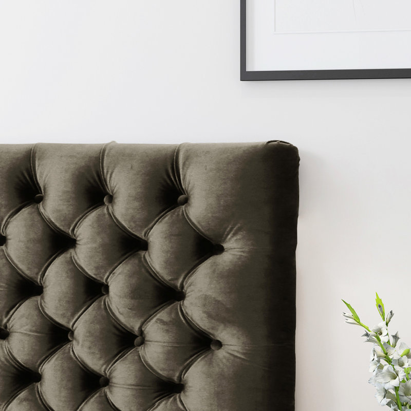 Tête de lit en velours gris à boutons, idéale pour une tête de lit raffinée avec un design contemporain et des options de hauteur réglable