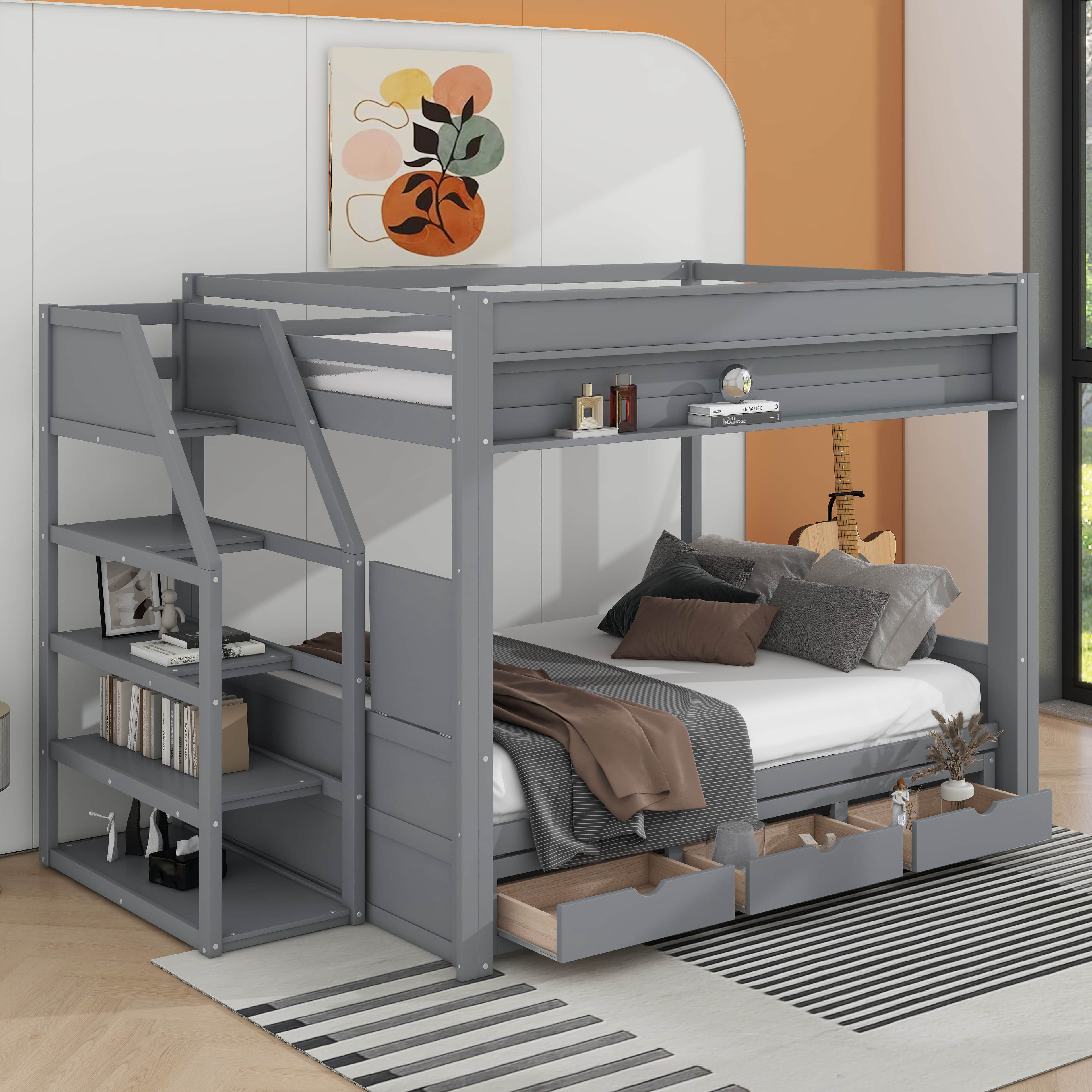 Harriet Bee Wood Full Size Convertible Bunk Bed With Storage Staircase