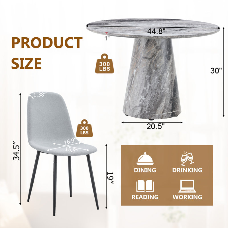45'' Round Dining Table Set With 4/6 Upholstered Chairs, Light Gray, 7 Pieces: Table, 6 Chairs