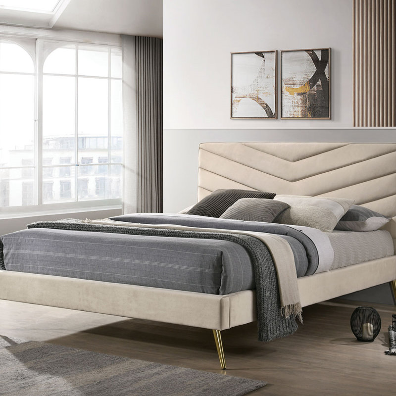 Mobilier de chambre à coucher de style Mid-Century moderne en flanelle beige à motif de chevrons capitonnés 1 lit double