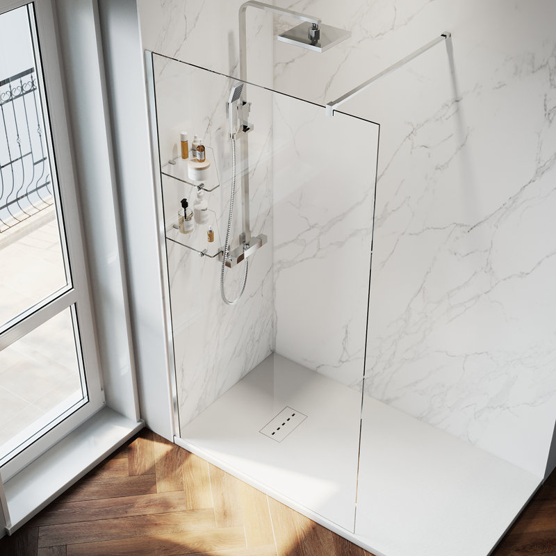 120*185*0.6cm, Silver Frameless Walk-In Shower Enclosure with Glass Shelf