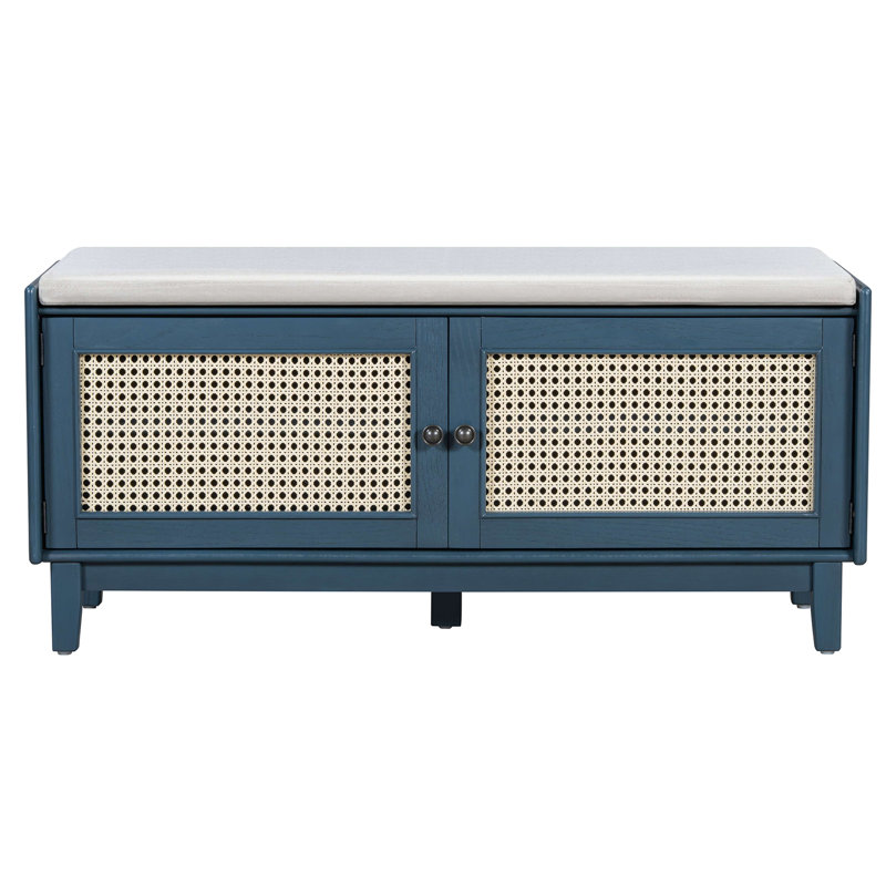 Rattan Entryway Bench With Storage, Cushioned Shoe Bench With Double Doors, Wooden Shoe Organizer Bench For Entryway And Hallway
