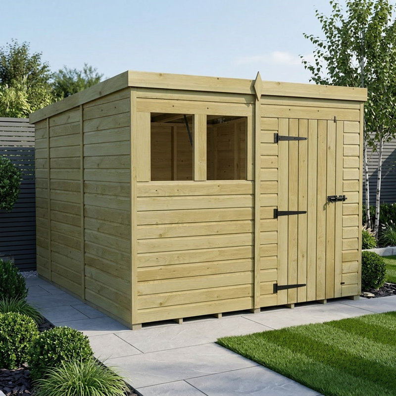 Total Sheds 8ft x 10ft Pent Garden Shed - Single Door - With Windows - Pressure Treated Timber - UK Manufactured