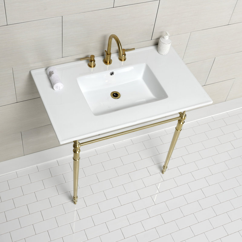 Kingston Brass Edwardian 37-Inch Ceramic Console Sink with Brass Legs, 8" Centers, White/Brushed Brass