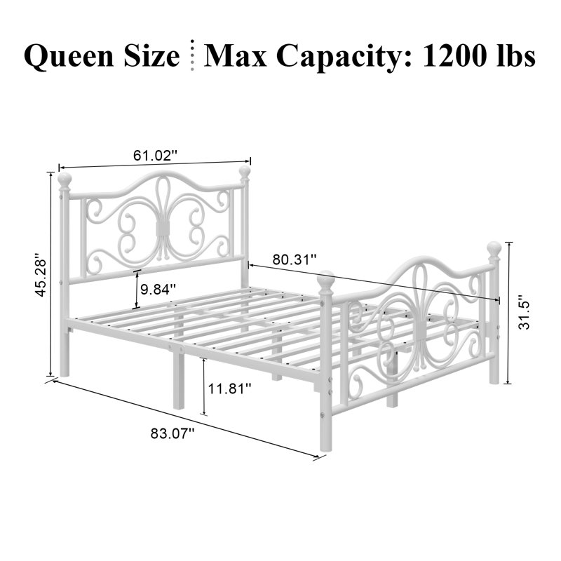 White Metal Queen Bed Frame with Butterfly Design Headboard and Footboard