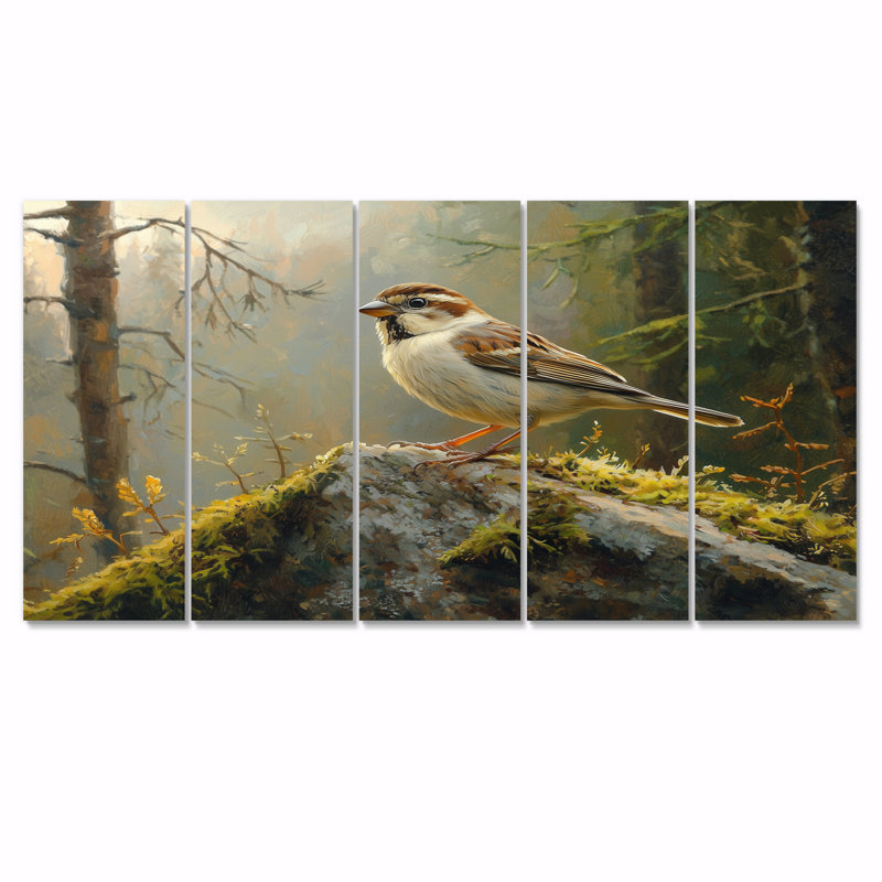 Oiseau moineau sur un rocher de forêt II - décoration murale oiseau - art mural moderne, H 32 po x l 80 po, 5