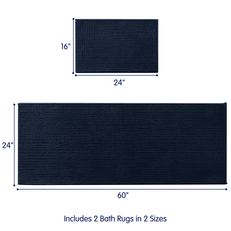 Super Soft Absorbent Microfiber Rectangle Non-Slip Bath Rug Set, Navy, 60'' L x 24'' W, Set of 2