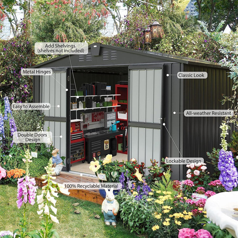 Remise de rangement en métal, H 76,57 po x l 118,43 po x P 95,12 po