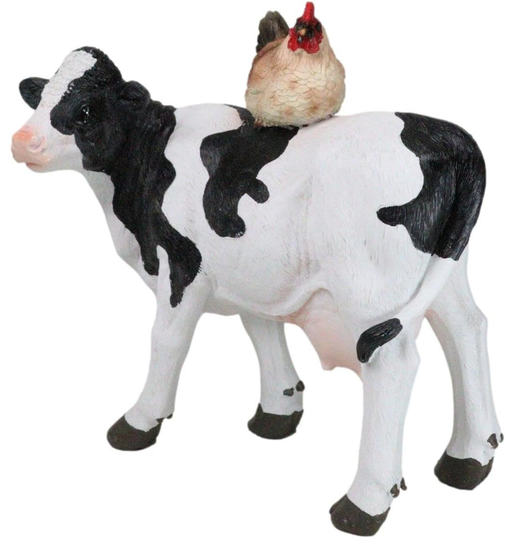 Western Country Rustic Farmhouse Holstein Cow With Hen Chicken Figurine August Grove®