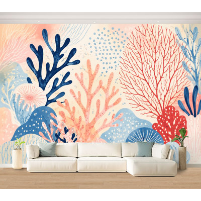 Wall Mural Peel and Stick Wallpaper Abstract Coral Botanical Blue Coral Self-Adhesive Removable Contact Paper Wall Decor for Living Room Bedroom 100"H x 144"W