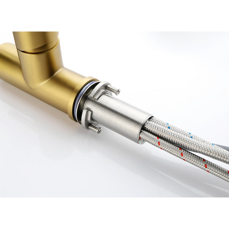 Robinet d'évier de cuisine escamotable en or brossé - 360 rotatif, deux réglages de débit d'eau pour tous les usages, revêtement anticorrosion et rouille, fonctionnement à une seule poignée, besoins en acier inoxydable, contrôle, construction