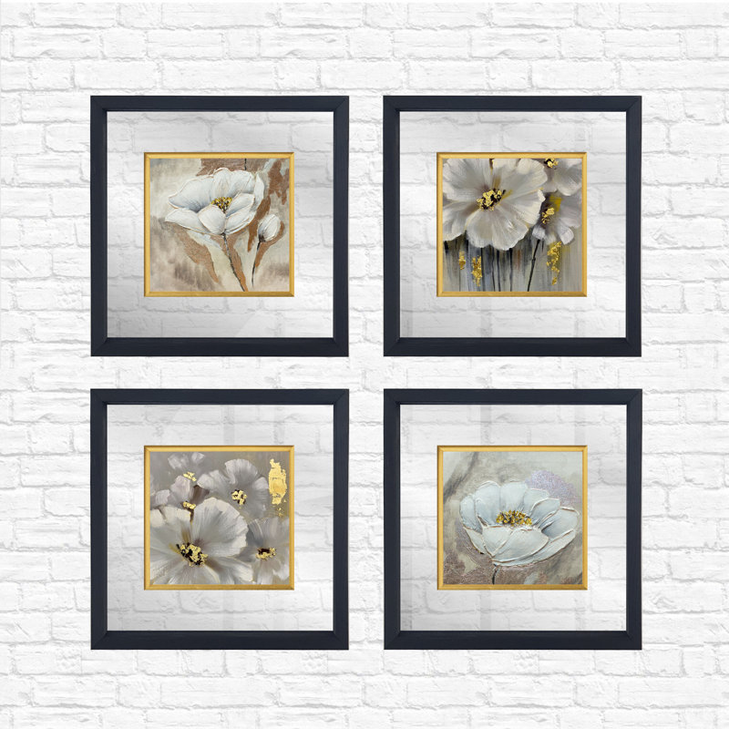 Élégantes peintures encadrées décoratives (4 pièces), cadre en bois, 12,6 po x 12,6 po chacune | Façade 100% verre (épaisseur: 0,12 pouce) | Impression numérique UV | Art mural parfait pour décorer un salon ou une chambre à coucher