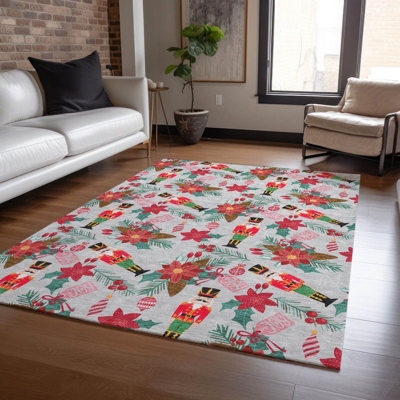 Tapis argenté de Noël casse-noisette intérieur / extérieur lavable à la machine, Rectangle 9 pi x 12 pi