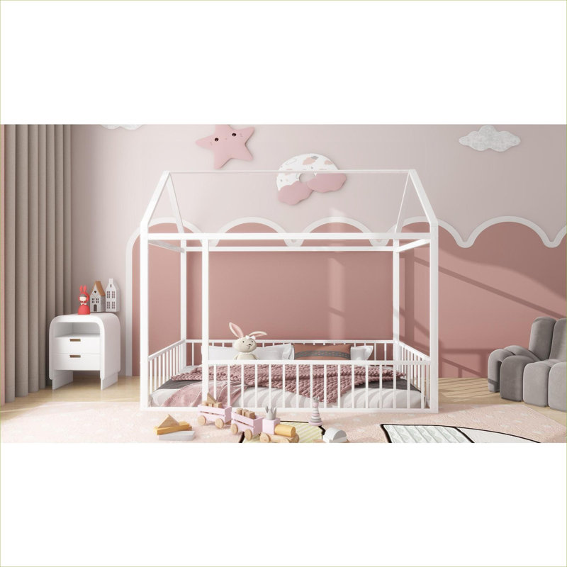 Structure de lit en métal pour chambre d'enfant et d'adolescent, taille simple blanc doux avec clôture de protection pour jouer et se reposer