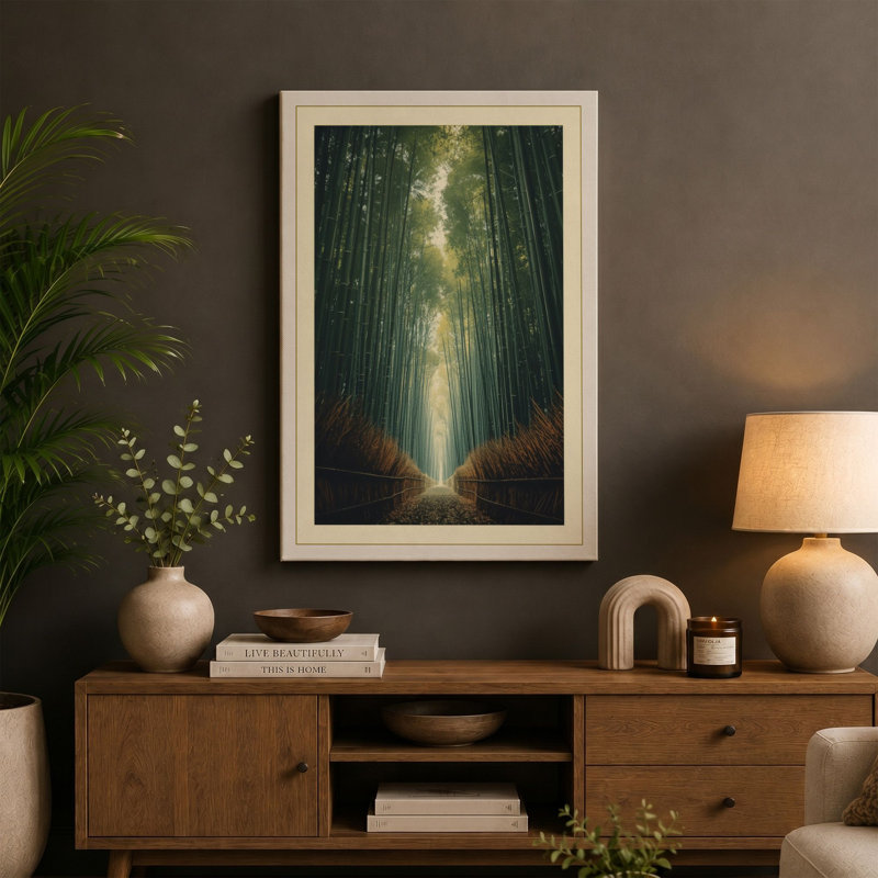 Bamboo Forest Path Japandi - Wrapped Canvas, 24x16 - 61.0 x 40.6 cm, Ochre Border
