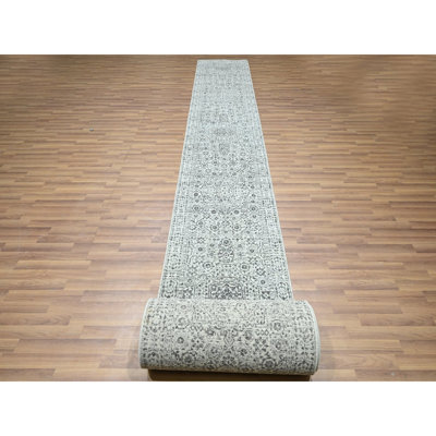 2'6"x30' Daisy White, Mamluk Design, Pre Historic 14th Century Influence, Natural Dyes, Hand Knotted, Pure Wool, XL Runner, Oriental Rug