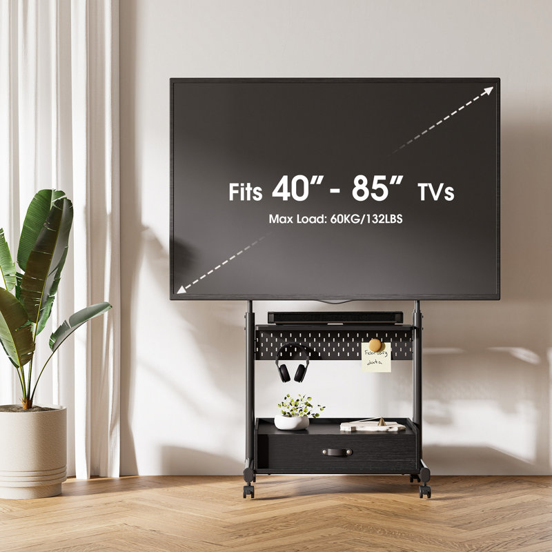 Charrisse Sturdy Rolling Tv Stand For 40-85 Inch, Mobile Tv Mount With Storage Drawer, Black