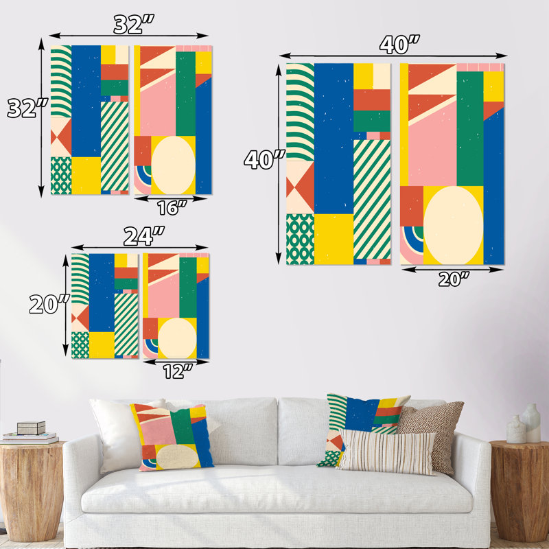 «Retro Abstract Minimal Colorful Geometrics I», ensemble de 2 reproductions, Toile tendue, H 20 po x l 24 po x P 1 po
