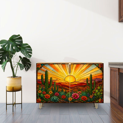 Sideboard Buffet Cabinet with Storage Desert Sunset Stained Glass Print Landscape Cactus Wildflowers with 2 Doors for Living Room and Kitchen