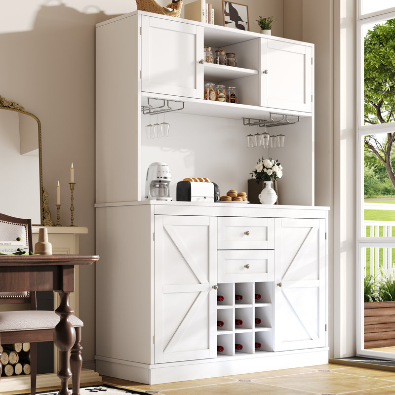 Kitchen Cabinet With Adjustable Shelves & Wine Rack, Tall Kitchen Cabinet With 4 Doors And 2 Drawers, Sideboard For Kitchen & Living Room, Buffet Cabinet, Balck 