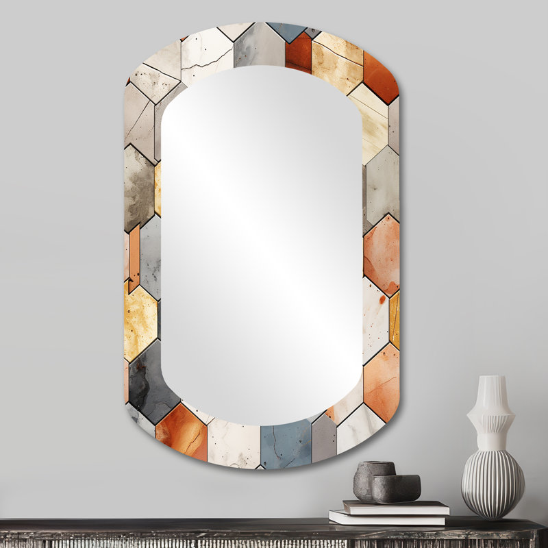 Motif rustique hexagonal Boho - grand miroir asymétrique géométrique, miroir mural décoratif cylindrique moderne, impression d'art en métal
