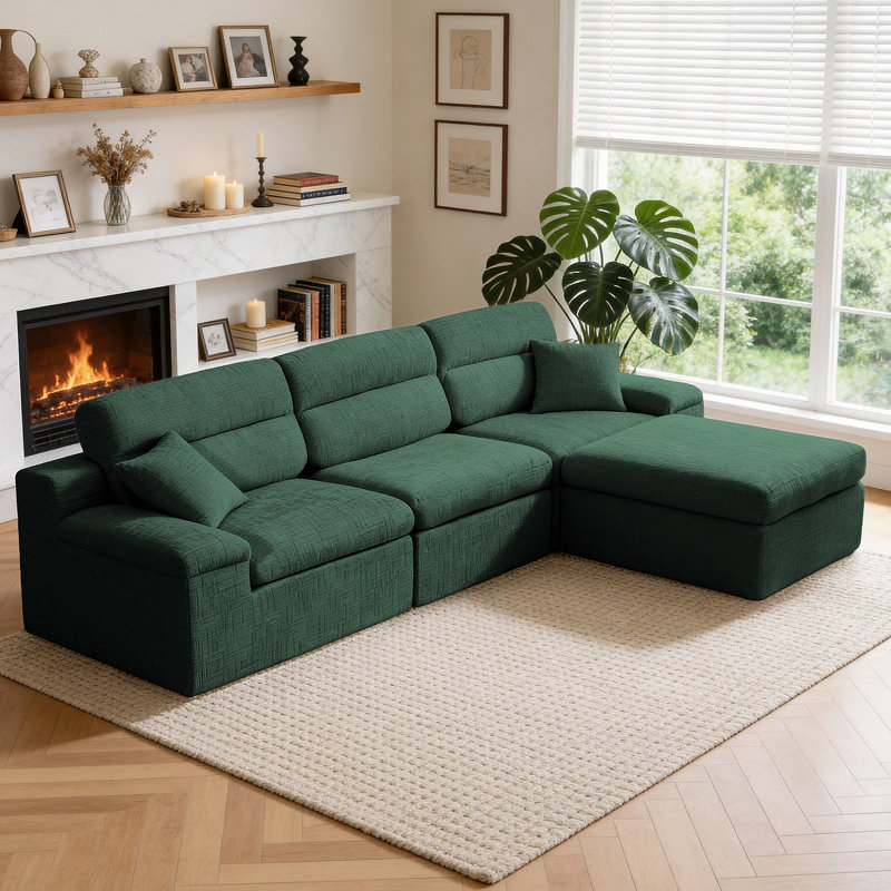 Canapé d'angle avec dossier haut, canapé en L avec chenille flammée, coussin en éponge haute densité compressé, canapé sans assemblage peu encombrant pour le salon, un appartement