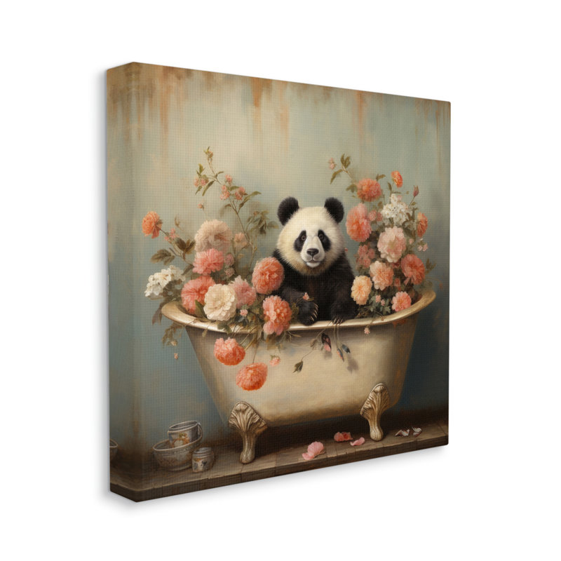 Panda, baignoire et fleurs sur toile, H 30 po x l 30 po x P 1,5 po