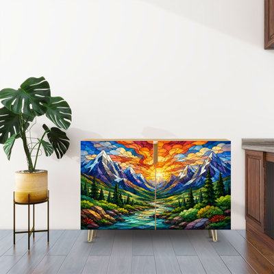 Buffet Buffet avec rangement Vibrant Vitrail Montagne Paysage Rivière Lever du soleil avec 2 portes pour le salon et la cuisine