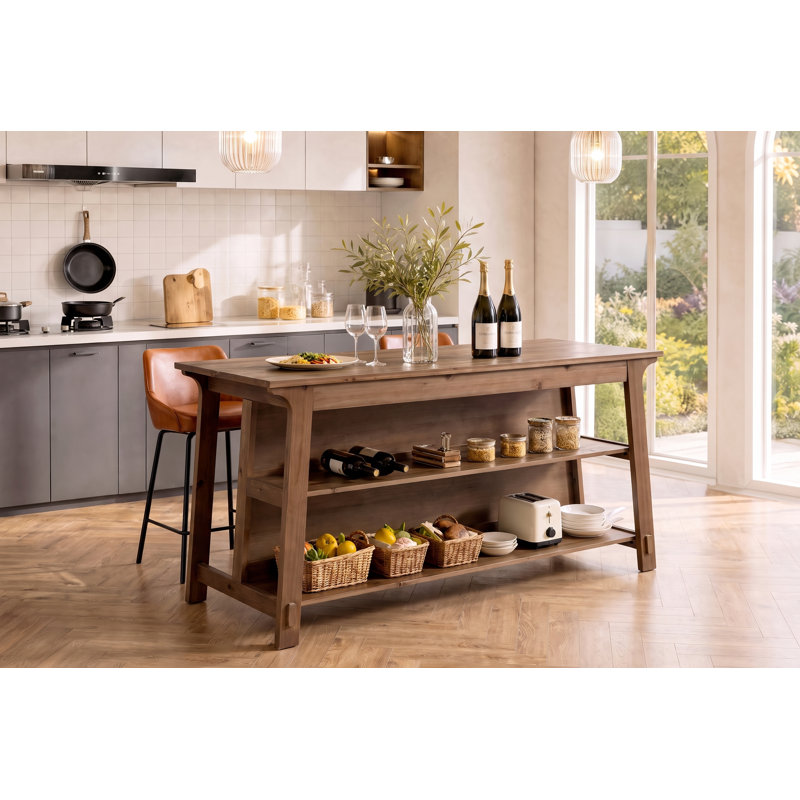 Îlot de cuisine en bois massif de 160 cm (63 po), grande table de cuisine avec étagères de rangement