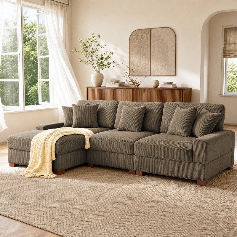 Milbrey 3-Piece Corduroy Modular Sectional with Loose Back, Left Hand Facing, Camel Corduroy