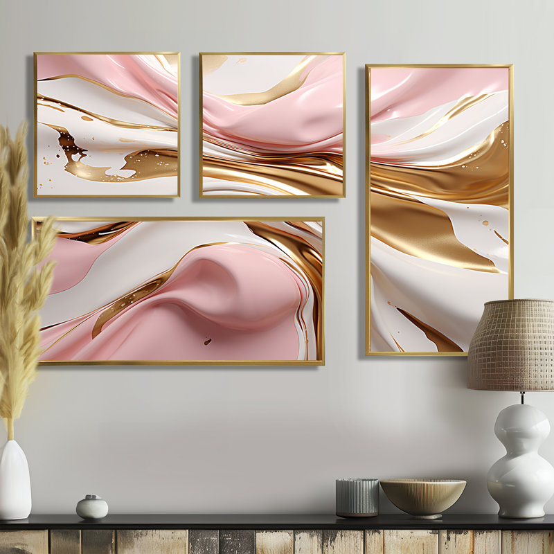 Liquide Glam Wave III - art mural moderne 4 pièces, Impression encadrée sans passe-partout, Doré