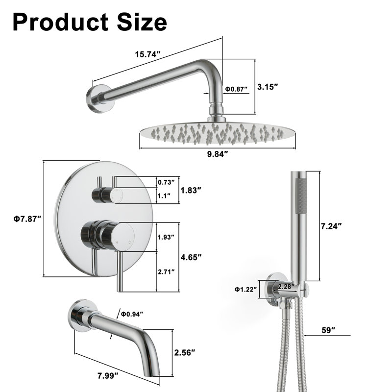 Luxury Wall-Mounted 3-Function Shower System Solid Brass Mixer Valve, 1.8 GPM Flow & Dual Showerheads with Rough-in Valve