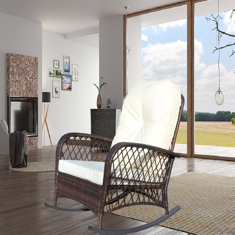 Chaise berçante d'extérieur en osier à assise large (sans la table), Blanc, Marron foncé