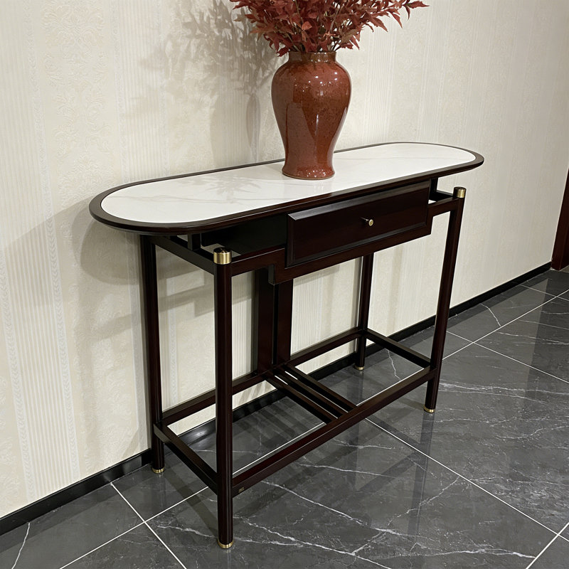Console ovale avec pieds en bois de frêne et plateau en pierre, H 33,46 po x l 51,18 po x P 16,54 po
