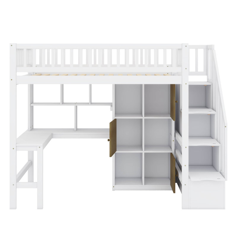 Lit surélevé simple en bois avec bureau intégré, éclairage à DEL, tablettes de rangement, armoires, Blanc