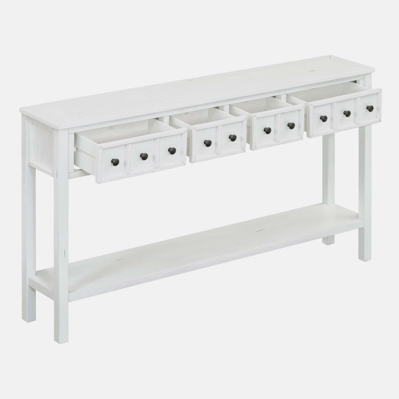 Console rustique en bois avec deux tiroirs de taille différente et une tablette inférieure, Blanc antique