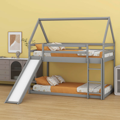 Twin Size Space-Saving Wooden House-Shaped Bunk Bed With Full-Length Guardrail, Slide And Ladder