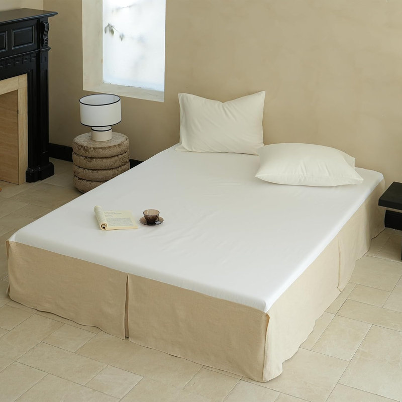 Natural Flax Cotton Blend Basic Dust,Bed Skirt With Classic 14 Inch Drop Dust Ruffle, Queen