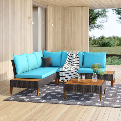 Alice-Anna 4pcs Patio Rattan Furniture Set Cushioned Loveseat W/wooden Side Table Navy by Wade Logan